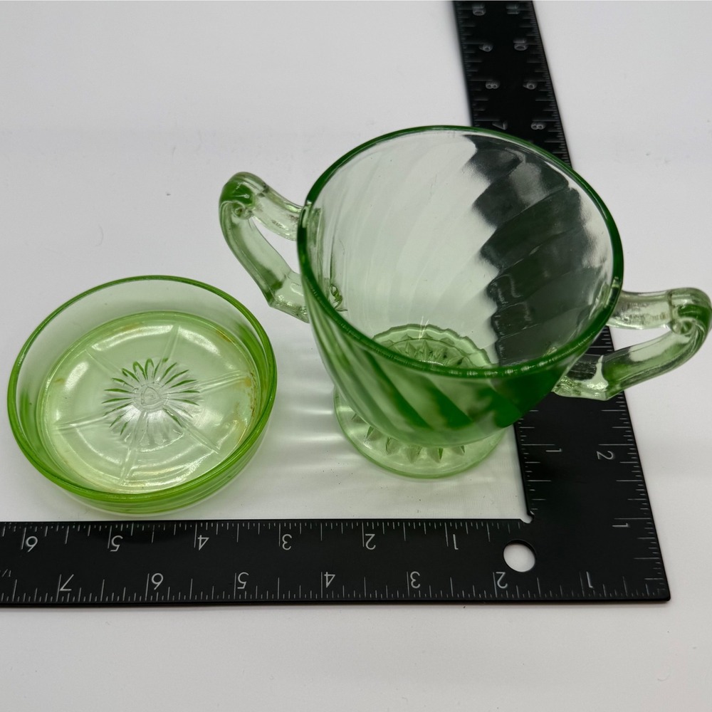 Federal Glass Green Uranium Depression Glass Diana Swirl coaster Sugar Bowl/cup